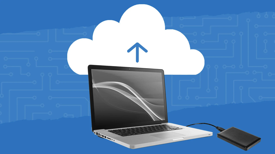 A laptop connected to an external hard drive appears to upload data to a cloud, represented by an upward arrow on a white cloud. The background is blue with circuit patterns.