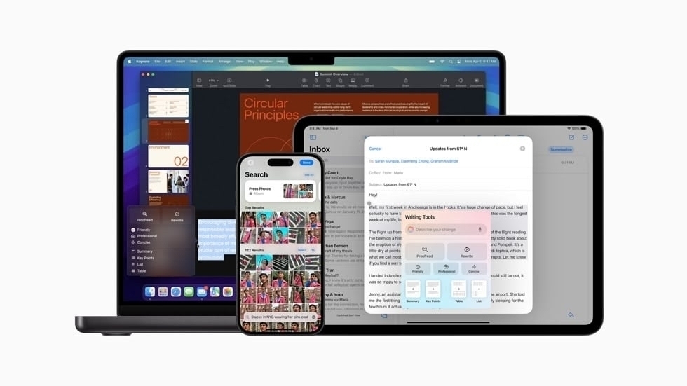 A Macbook, iPad and IPhone with the Apple Intelligence update screen