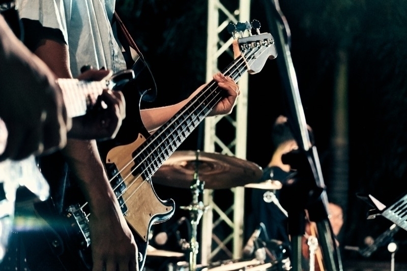 Two guitar players shown in concert