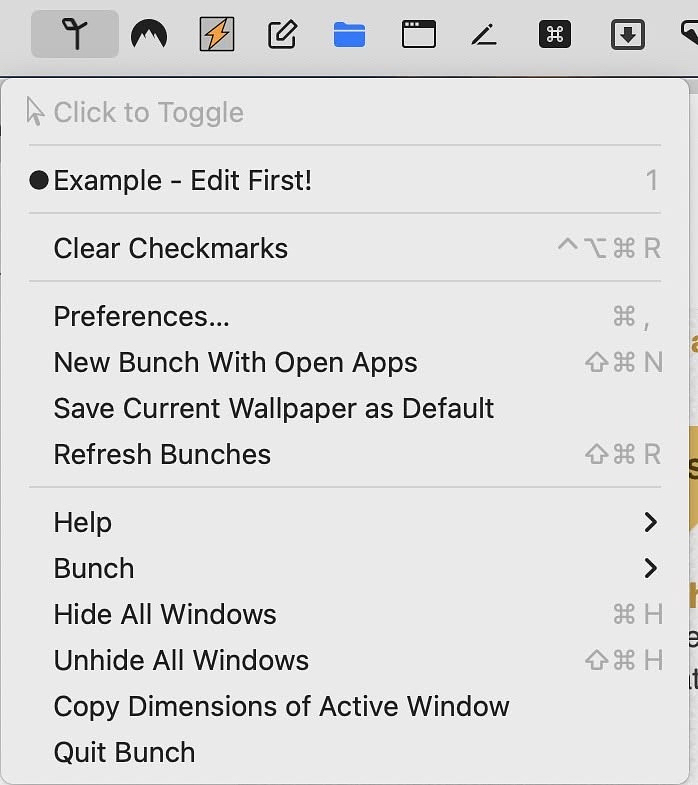 The menu for Bunch, an app for opening mulitiple apps at once