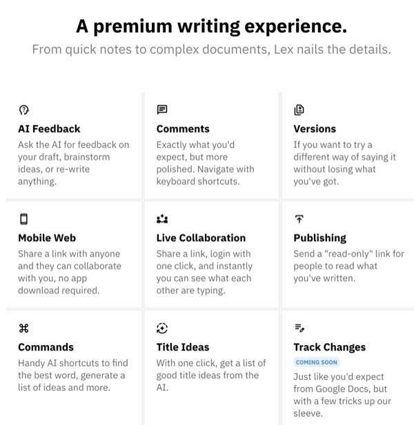 A list of the features of the Lex writing assistant