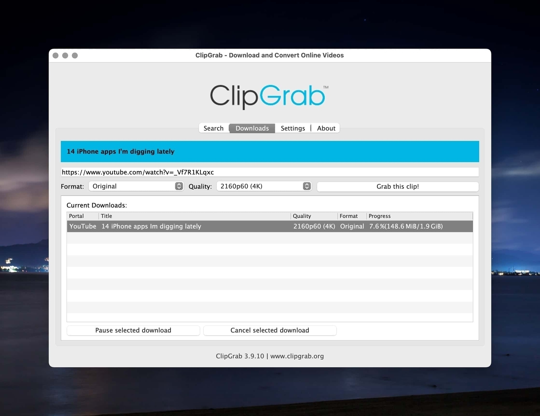 Program interface for ClipGrab app