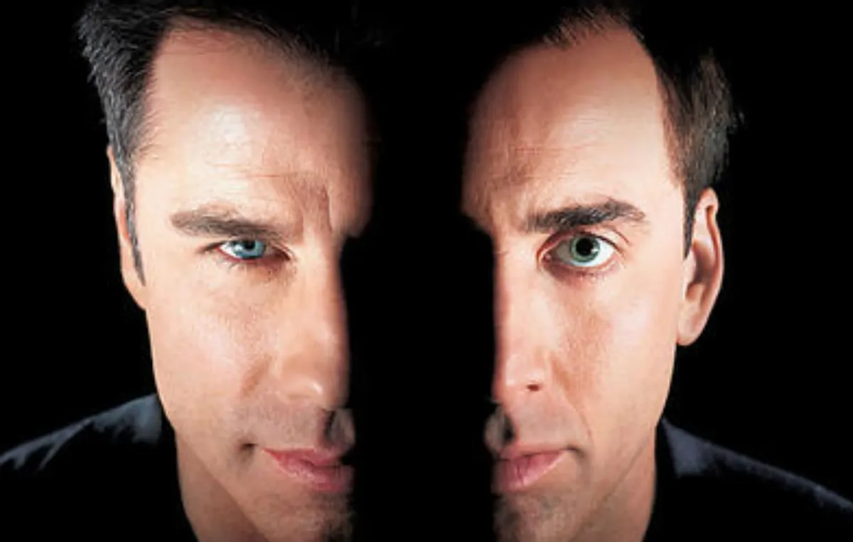 John Travolta nd Nick Cage in a promo pic for Face/Off