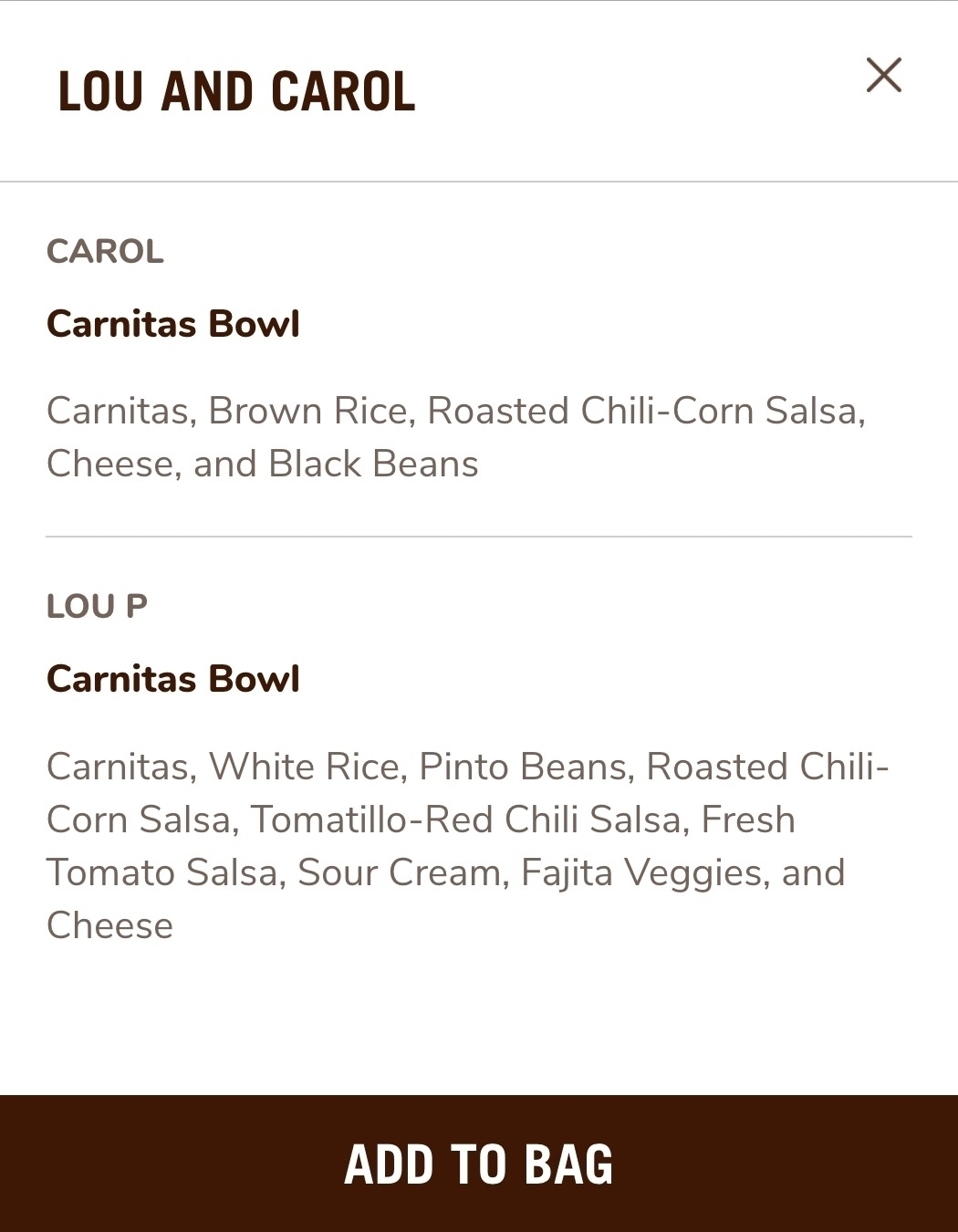 The Chipotle order for Lou and Carol