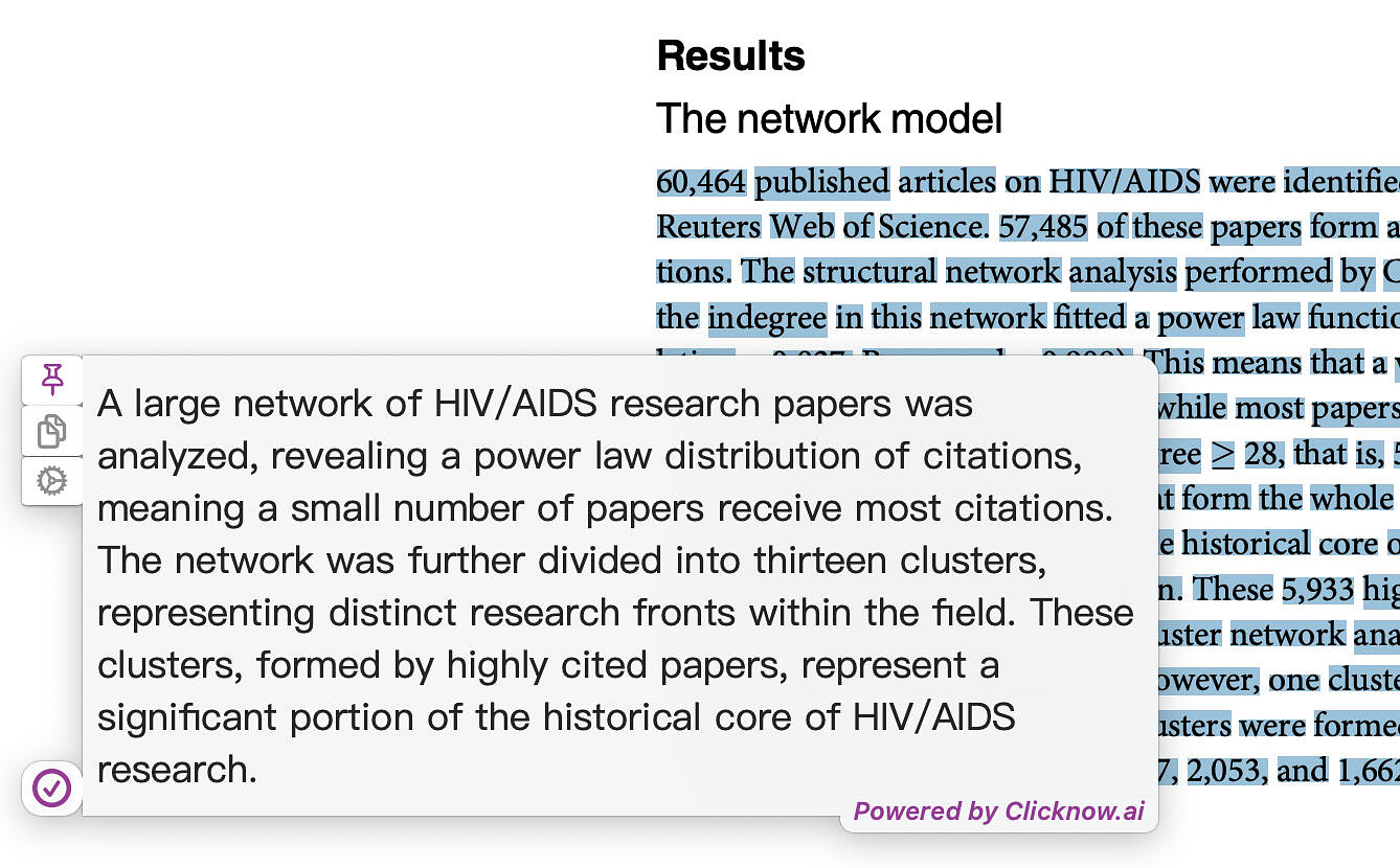 The results of a request for a summary from ClickKnow