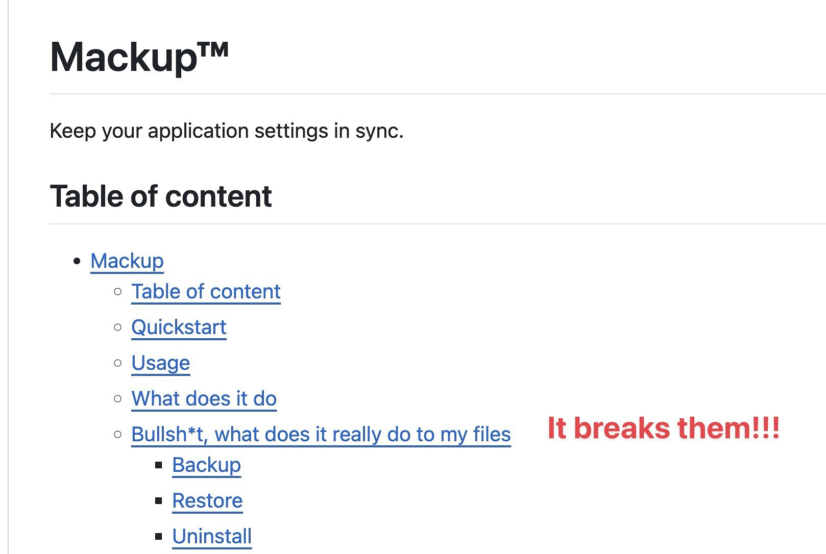 A list of documents for the app Mackup, with a warning