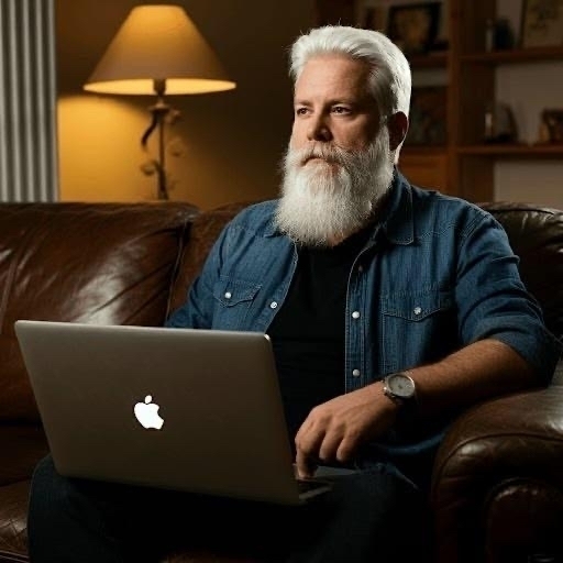 Middle aged man sitting on the couch with his MacBook