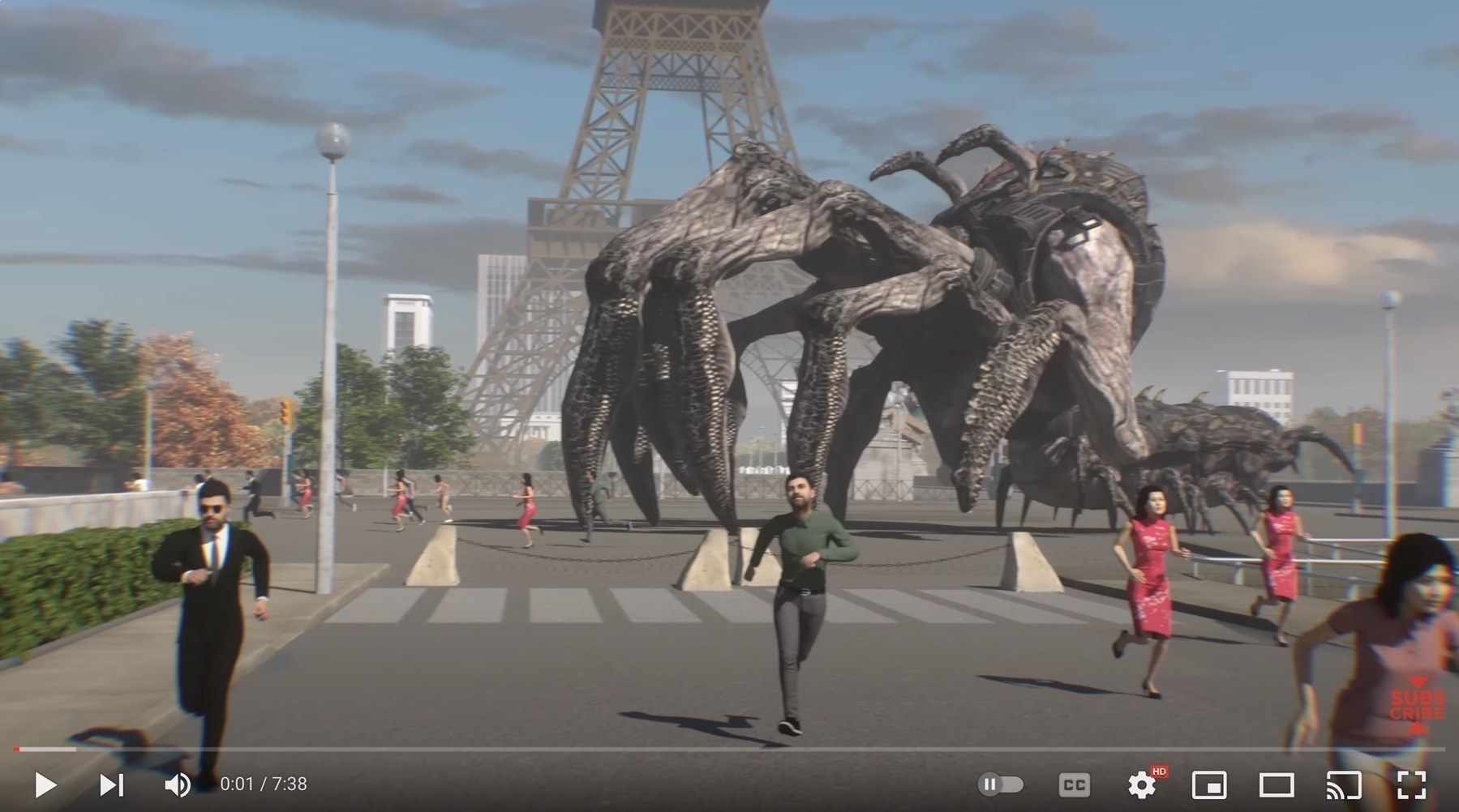 A monster chasing people in front of the Eiffel Tower