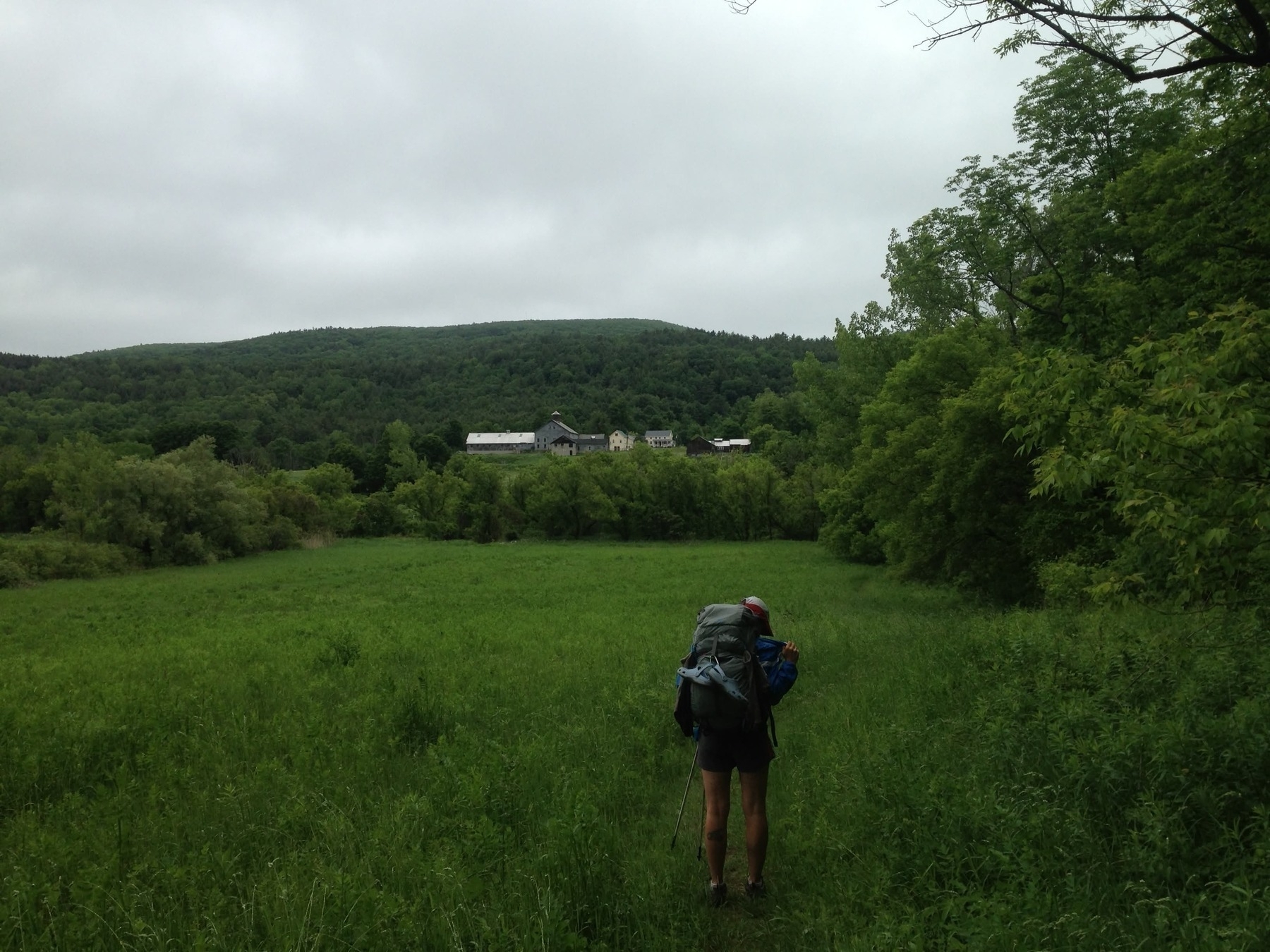 A person with a large backpack walks through a grassy field under an overcast sky. The field is surrounded by dense green trees, and a cluster of buildings is visible in the distance at the base of a wooded hill. The person appears to be hiking, using trekking poles, with their back turned to the camera.