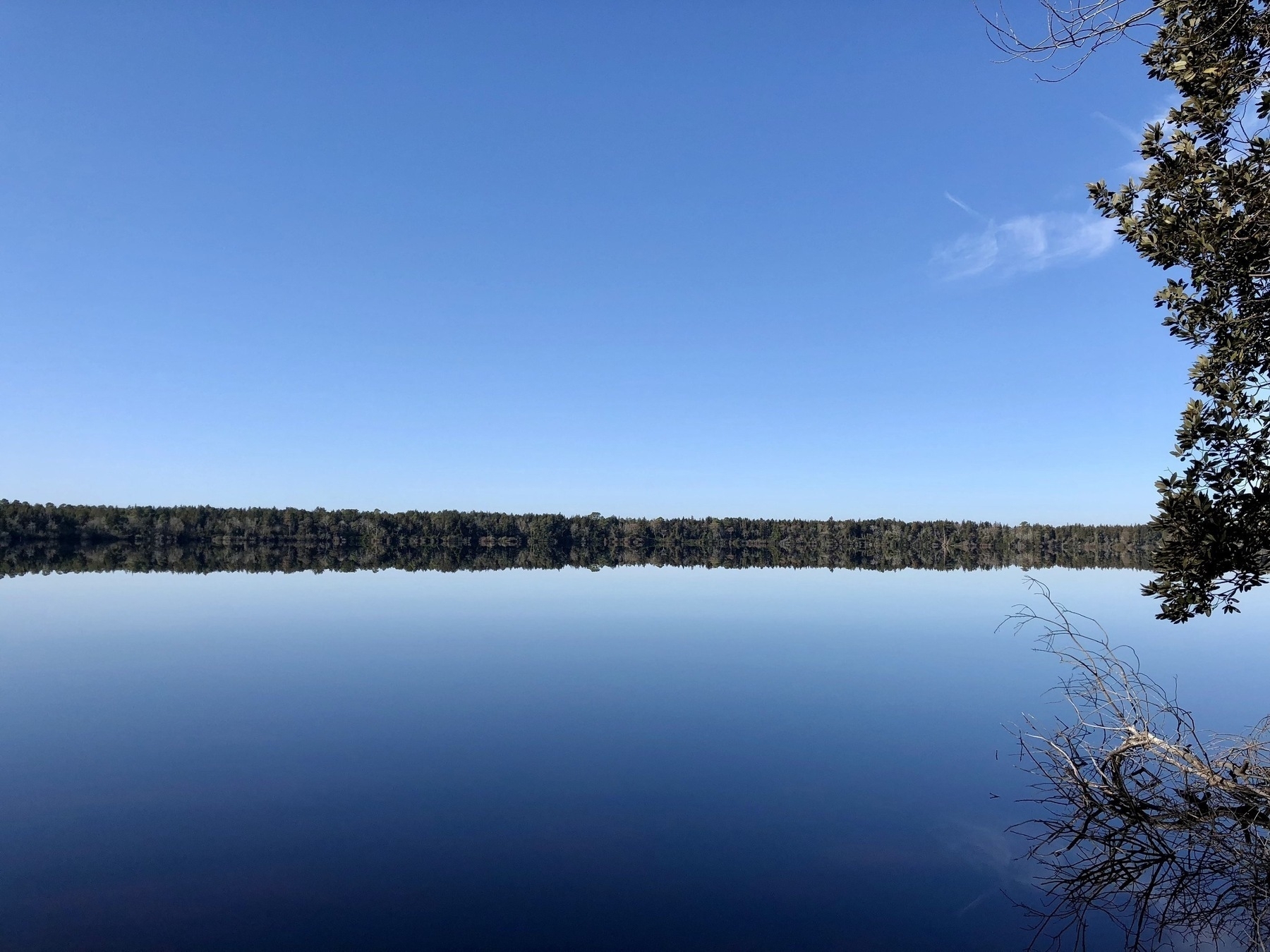 The image shows a picturesque, calm lake reflecting the blue sky and the treeline on the opposite shore. 