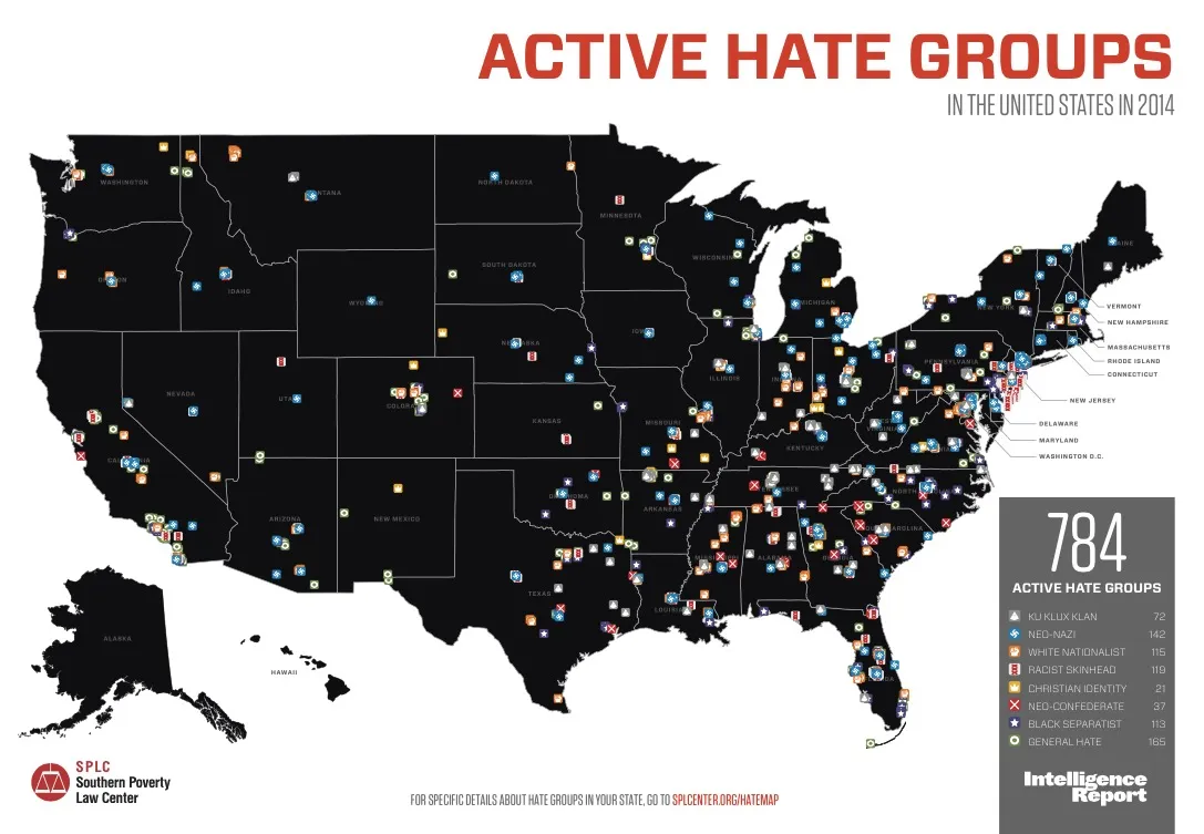 Map of Active Hate Groups in the US in 2024