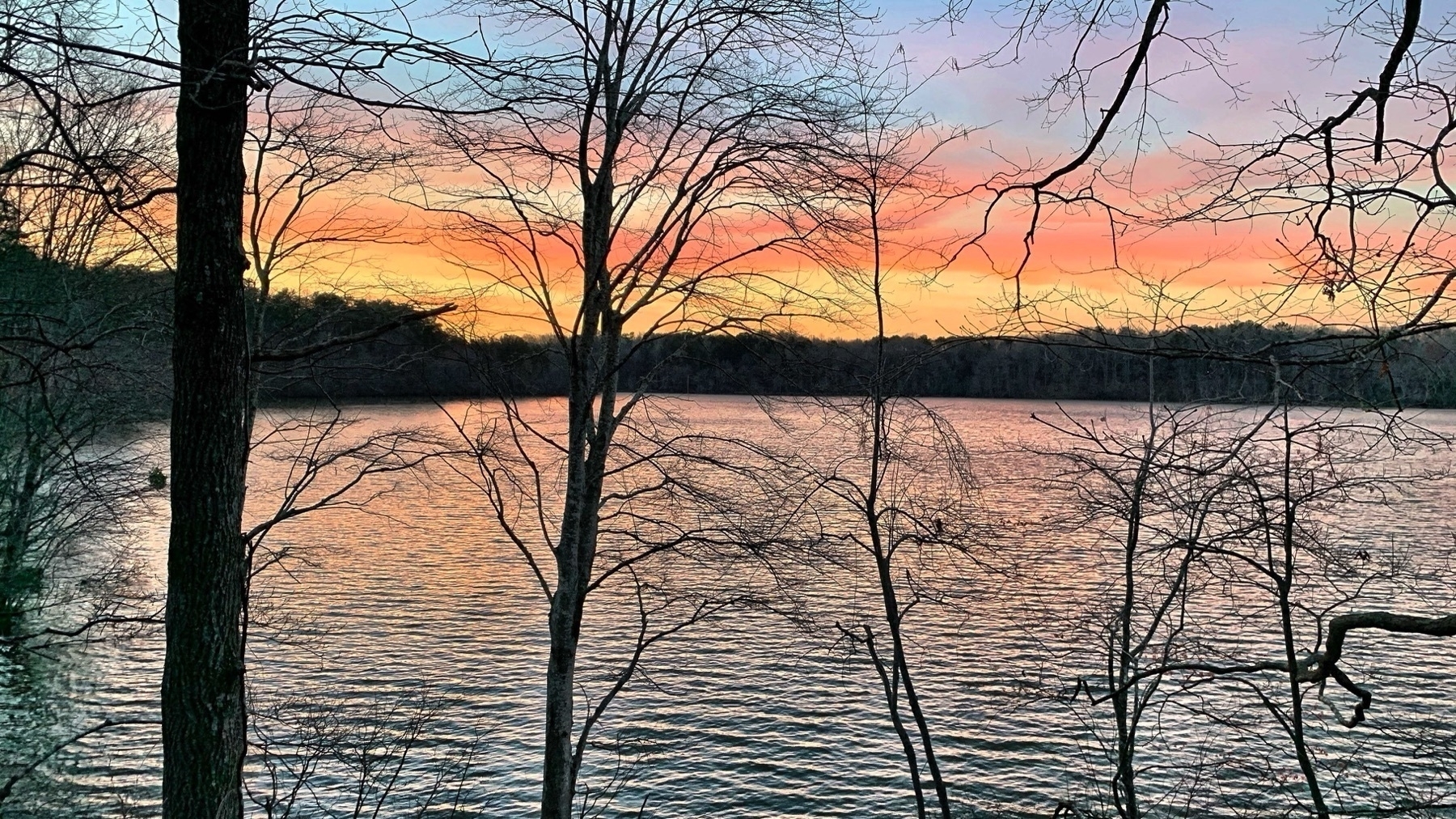 A serene lake view at sunset with rippling water reflecting the sky's colors. Bare tree branches frame the foreground, and a treeline spans the horizon beneath a gradient sky of orange, pink, and blue hues.