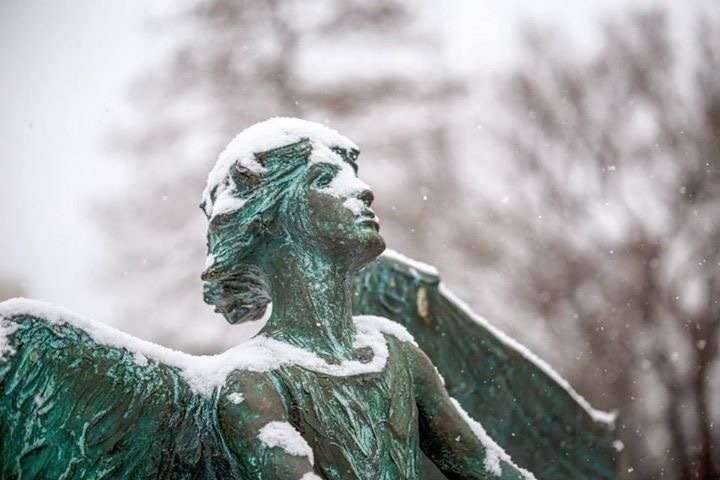 A green statue of an angel is covered in snow, with snowflakes gently falling around. The angel's face is tilted upwards, and its wings are visible. The background is blurred, showing trees and a snowy atmosphere.