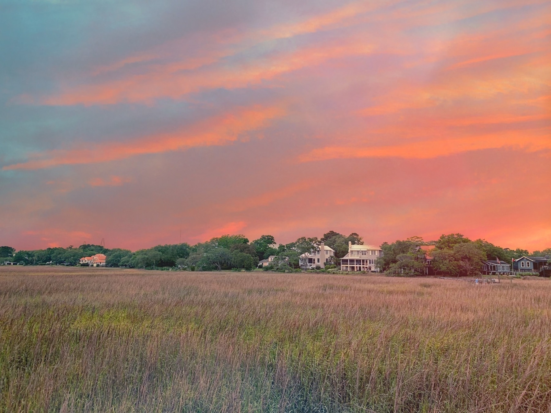 A scenic landscape features a field of tall grass in the foreground with a row of houses nestled among trees in the middle distance. The sky overhead is filled with vibrant colors from a sunset, with shades of pink, orange, and purple blending together.