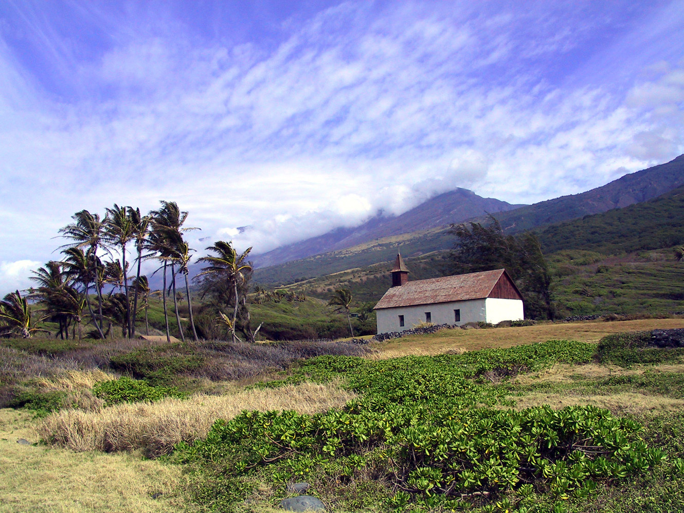 A small white church stands amidst lush greenery, bordered by swaying palm trees. The backdrop features rolling hills under a blue sky with scattered clouds.