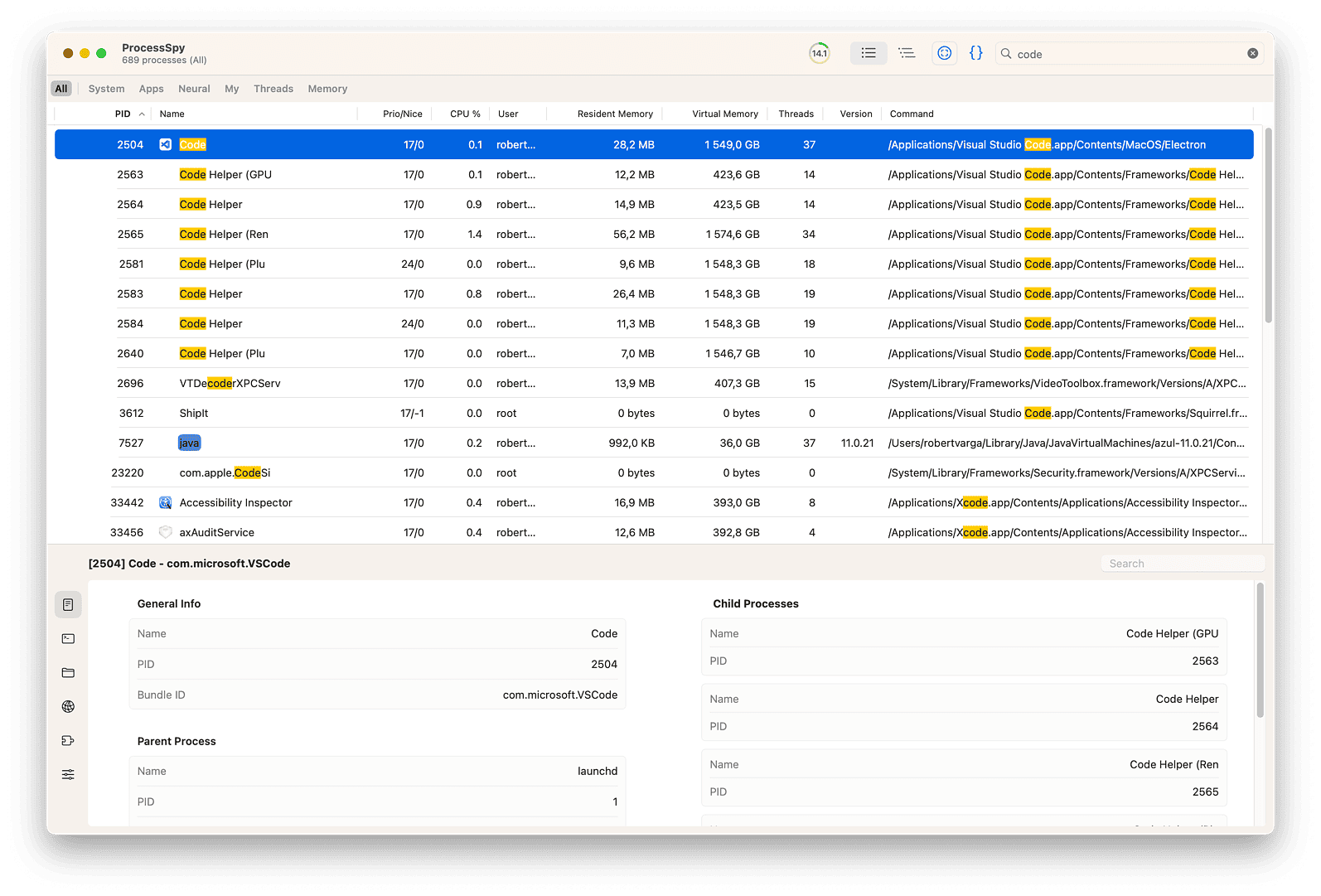 The processes of Visual Stidio Code